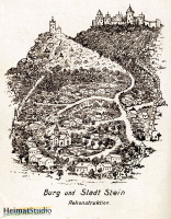 Burg Stein und Burggelände in einer künstlerischen Darstellung Burg Stein und Burggelände in einer künstlerischen Darstellung