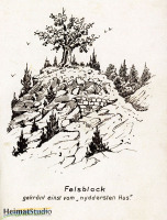Die Linde auf dem Felsen des Burgberges in einer künstlerischen Darstellung. Die Linde auf dem Felsen des Burgberges in einer künstlerischen Darstellung.